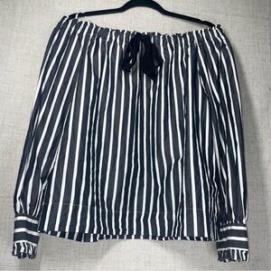 J.Crew Striped Poplin Off The Shoulder Ruffle Bow Blouse 100% Cotton Medium